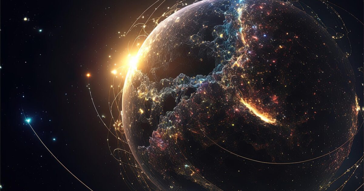 光とエネルギーが渦巻く近未来的な惑星