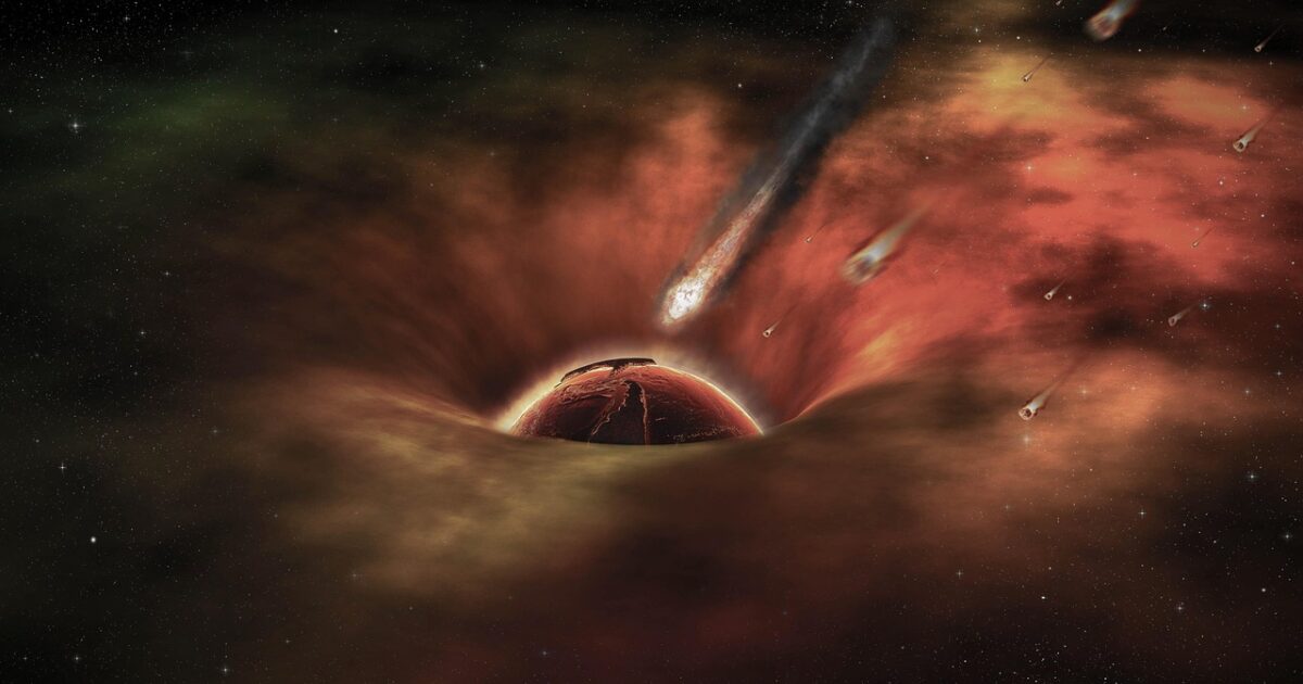 小惑星が降り注ぐ赤い惑星と宇宙空間