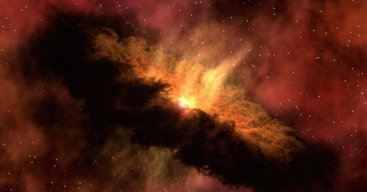 宇宙空間で輝くガス雲とダークマターの構造