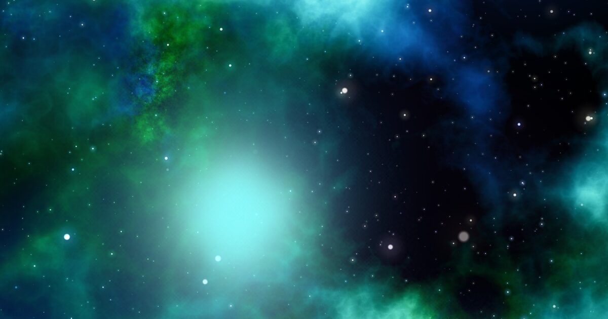 青と緑の星雲が広がる幻想的な宇宙空間
