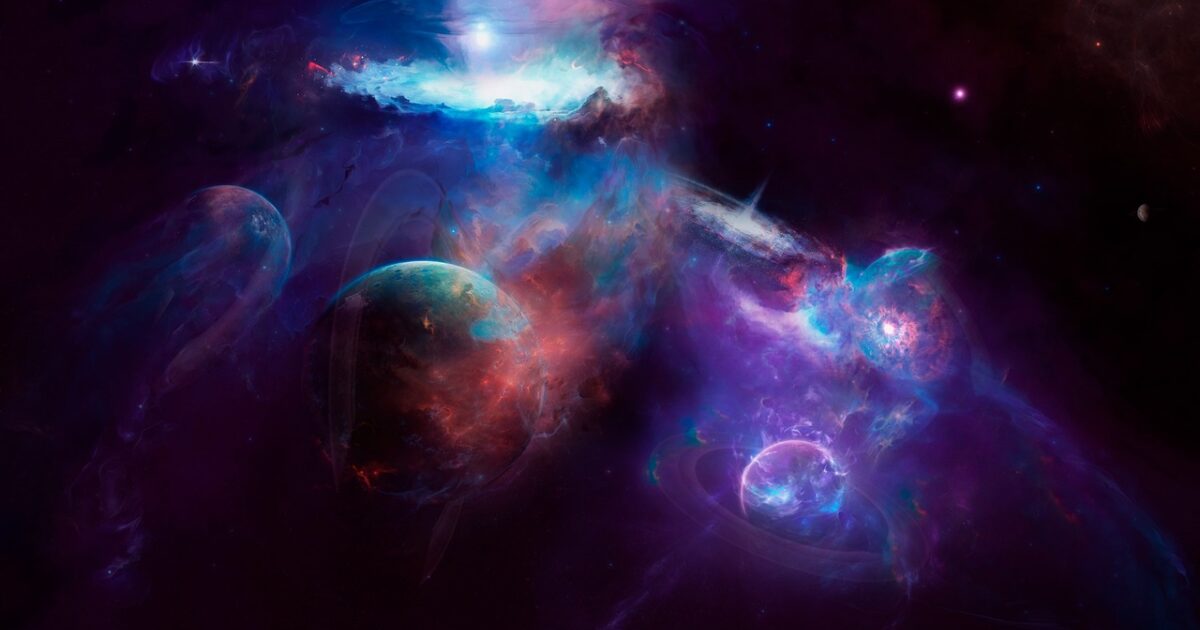 カラフルな惑星と星雲が浮かぶ神秘的な宇宙空間