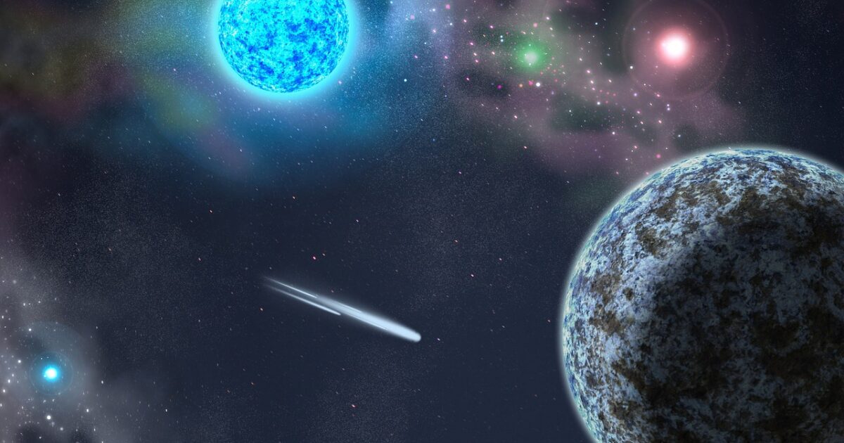 青い恒星と惑星が共存する幻想的な宇宙