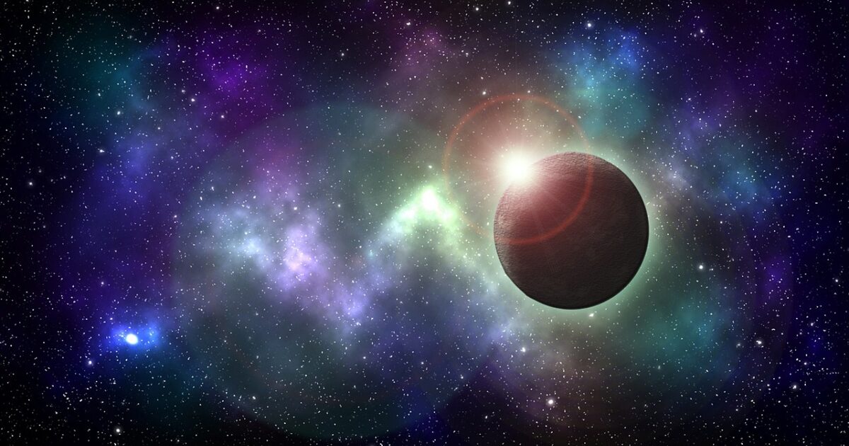 逆光に浮かぶ惑星と輝く銀河の背景