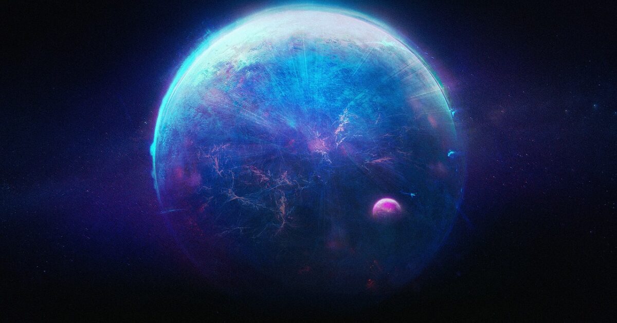 青い惑星と小さな衛星が浮かぶ未来的な宇宙