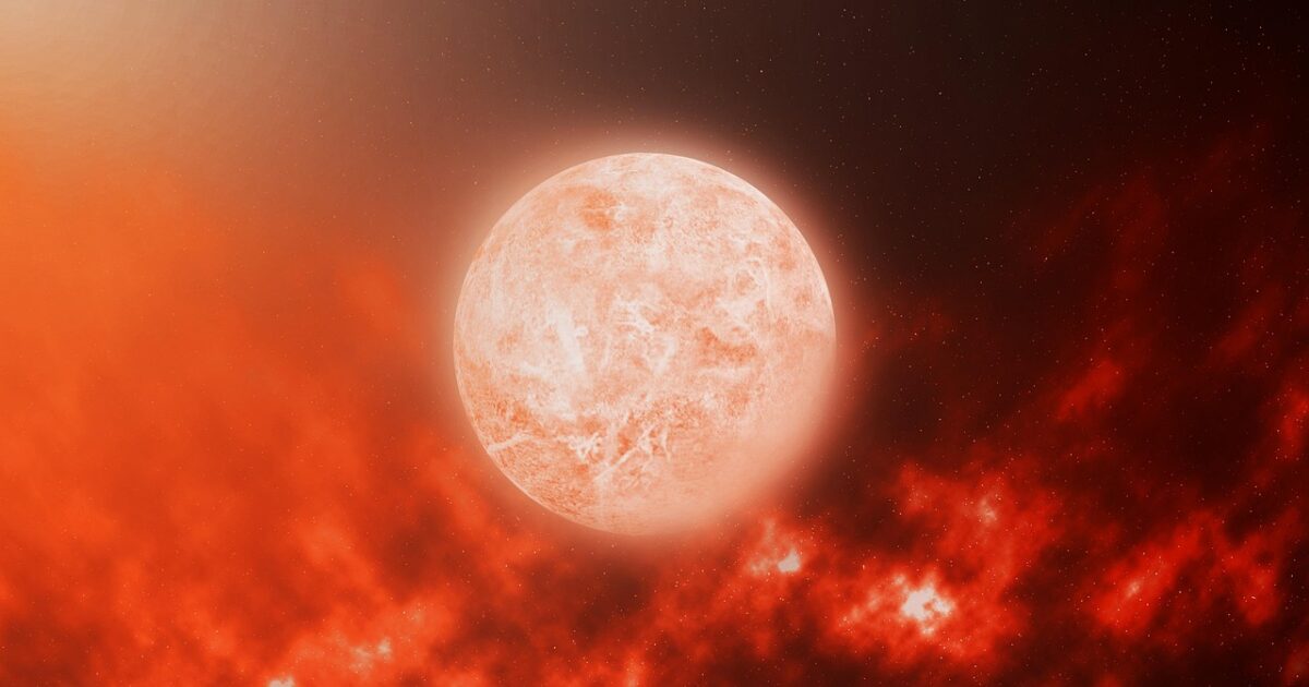 赤く燃える恒星と広がる宇宙のガス雲