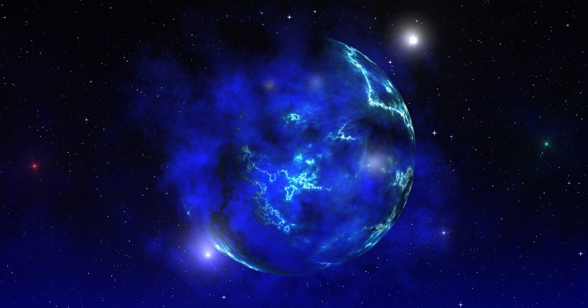 青い稲妻が走る幻想的な惑星と宇宙空間