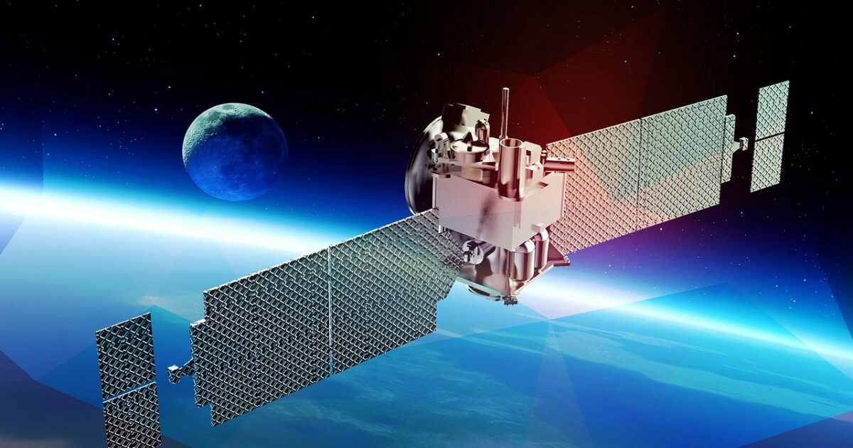 地球の上空に浮かぶ人工衛星と月の風景