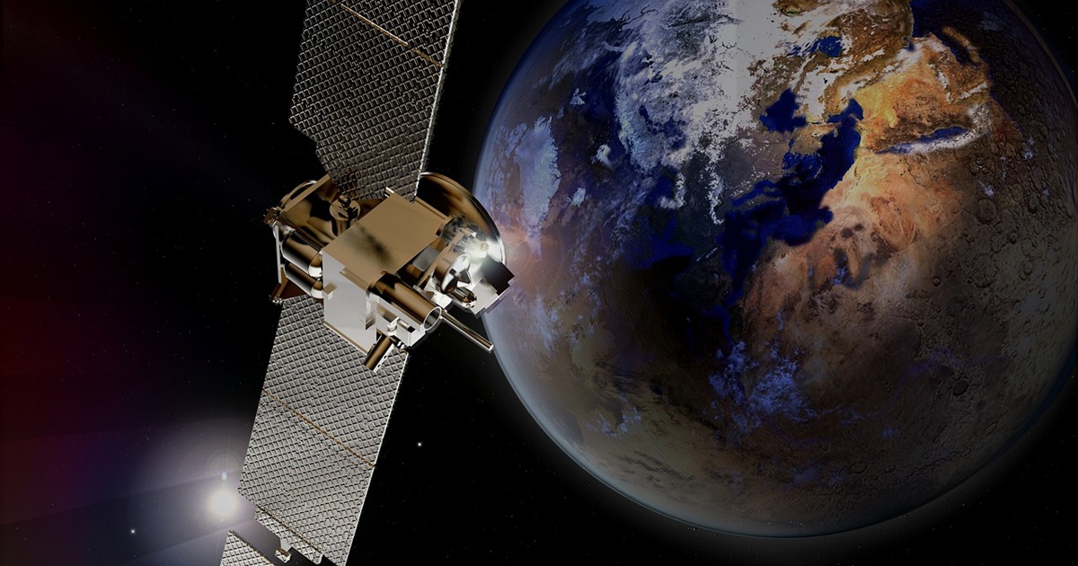 地球の軌道を周回する人工衛星と宇宙の風景