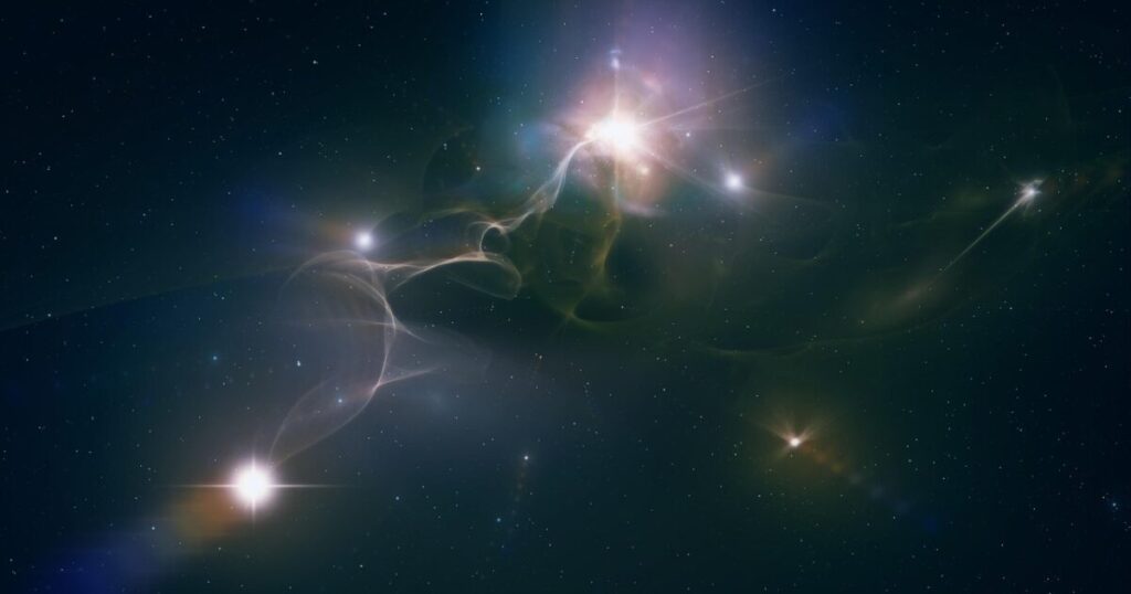 輝く星々と光の筋が交差する幻想的な宇宙空間