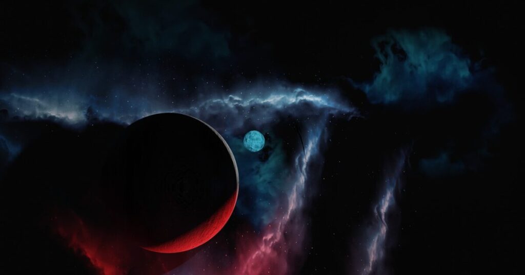 青い星雲と赤い惑星が共存する幻想的な宇宙