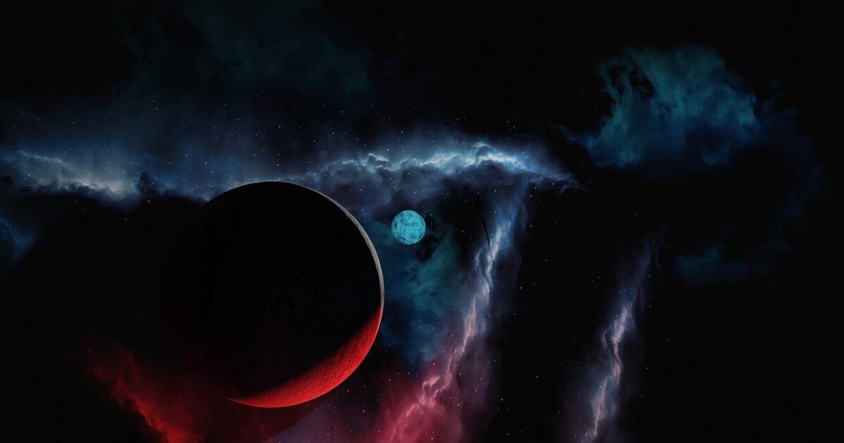 青い星雲と赤い惑星が共存する幻想的な宇宙