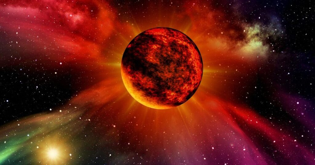 赤く燃える惑星とカラフルな宇宙の背景
