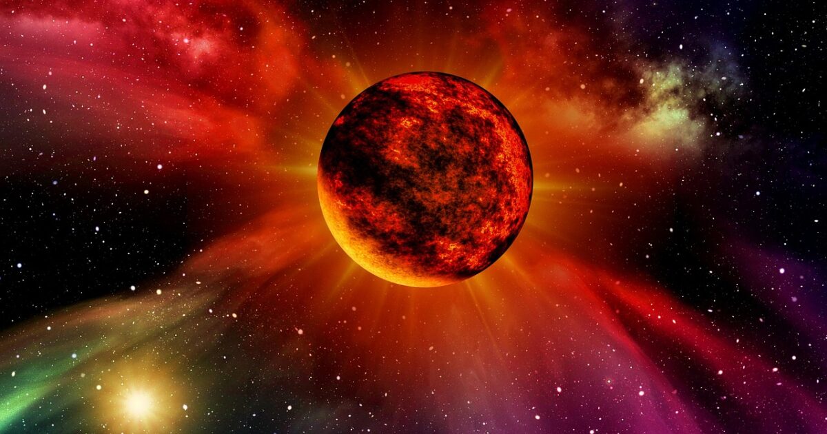 赤く燃える惑星とカラフルな宇宙の背景