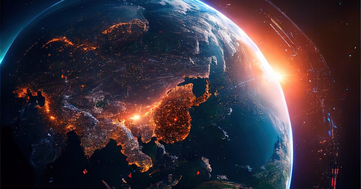 地球と宇宙の夜景に差し込む朝日