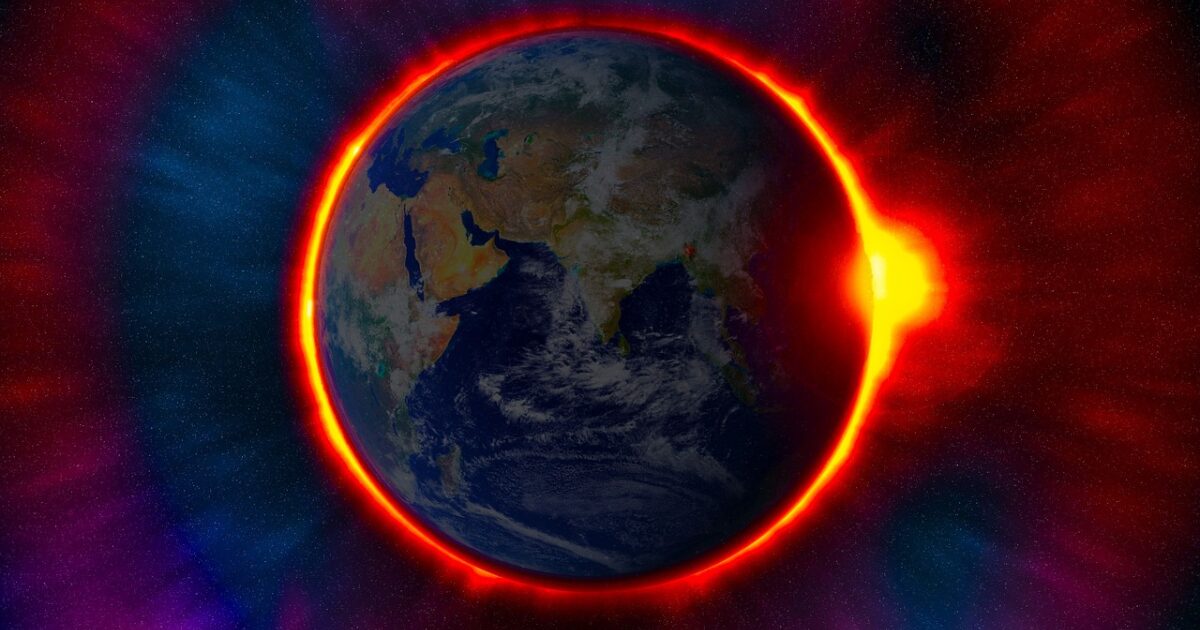 太陽のフレアが地球を照らす宇宙の風景